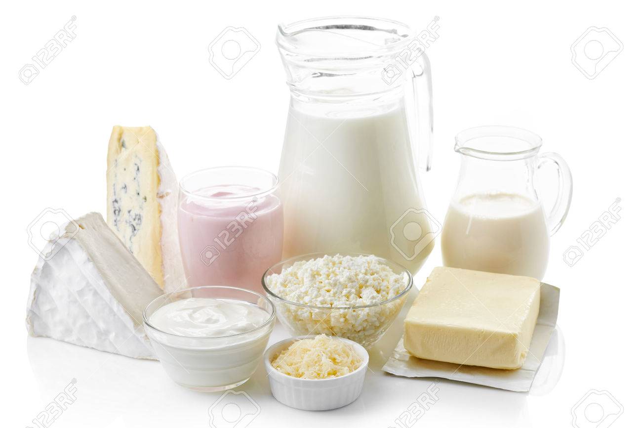 Various Fresh Dairy Products Isolated On White Background Stock