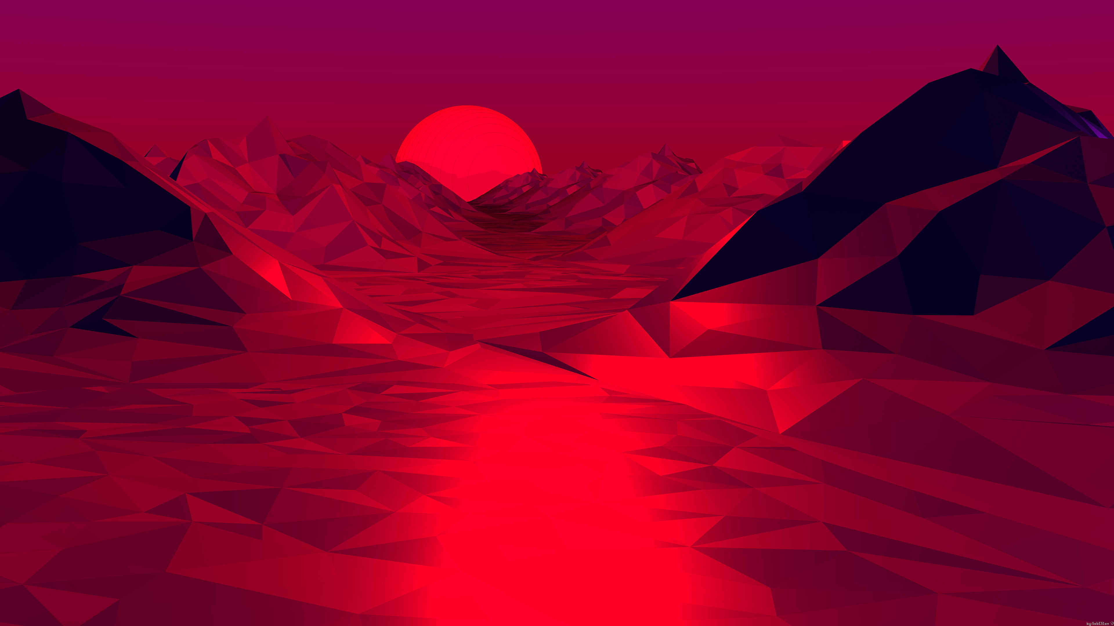 A low-poly, abstract landscape bathed in vibrant shades of red, featuring a glowing red sun on the horizon and stylized, triangular mountains
