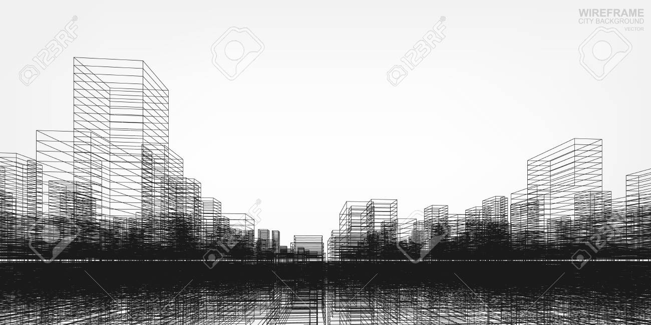 Perspective 3d Render Of Building Wireframe Vector