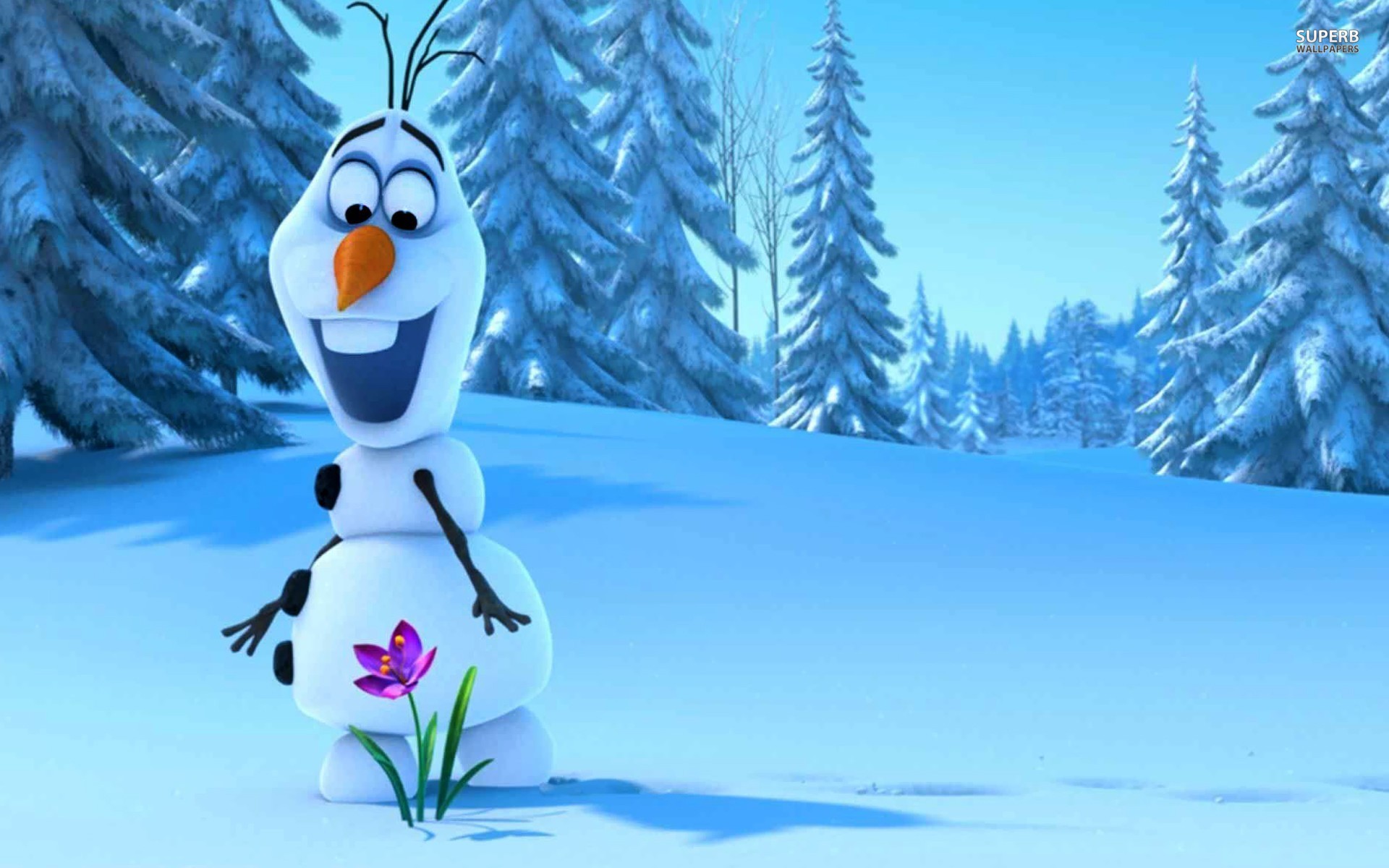 Olaf the snowman from Disney's Frozen admiring a crocus flower in a snowy landscape