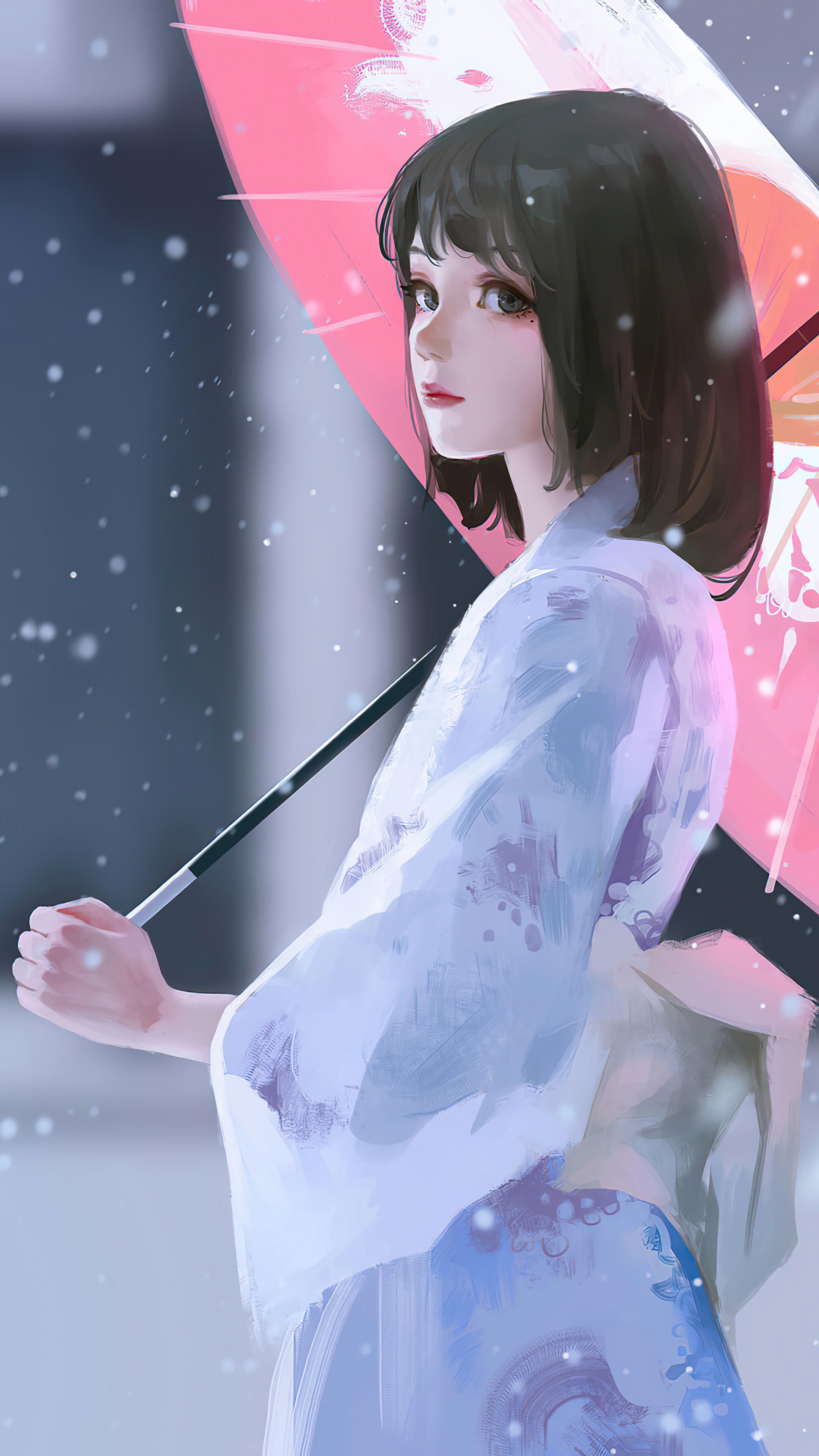 Beautiful Anime Girl Kimono Umbrella Snowing 4k Wallpaper