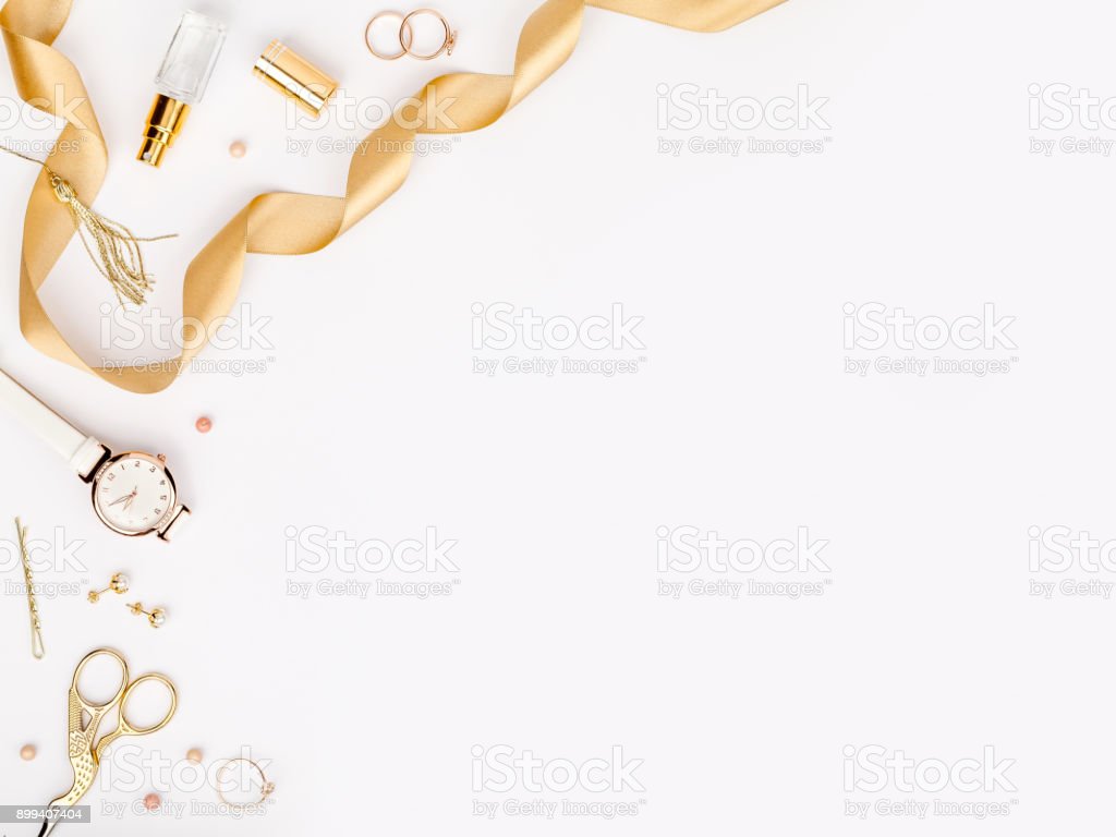 Free download Woman Stylish Fashion Accessories In Gold Color On White