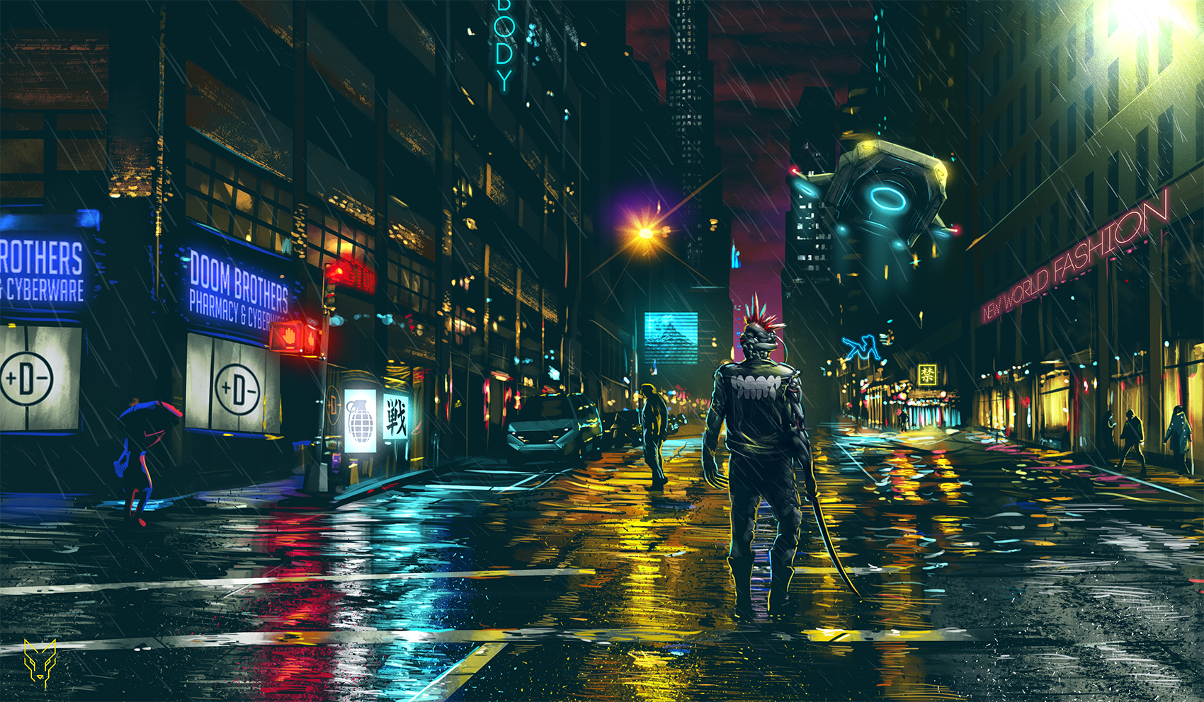 A cyberpunk warrior walks down a rain-soaked city street at night, past neon signs and futuristic vehicles