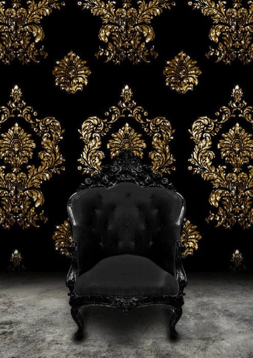 Black Baroque Chair and Black velvet and gold damask wallpaper [zen 495x700