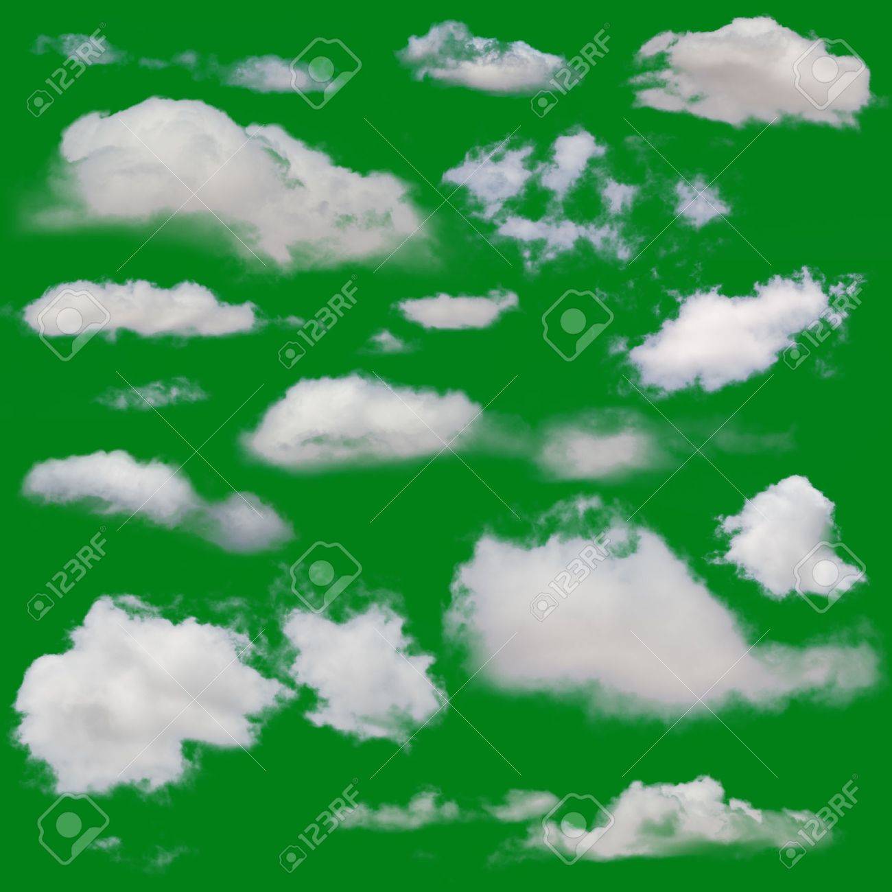 White Clouds Isolated Cut Out Over Green Chroma Background
