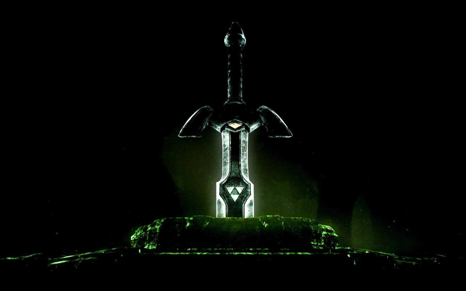 The Master Sword glowing green, stuck in a stone in a dark environment, a classic scene from the Legend of Zelda video game series