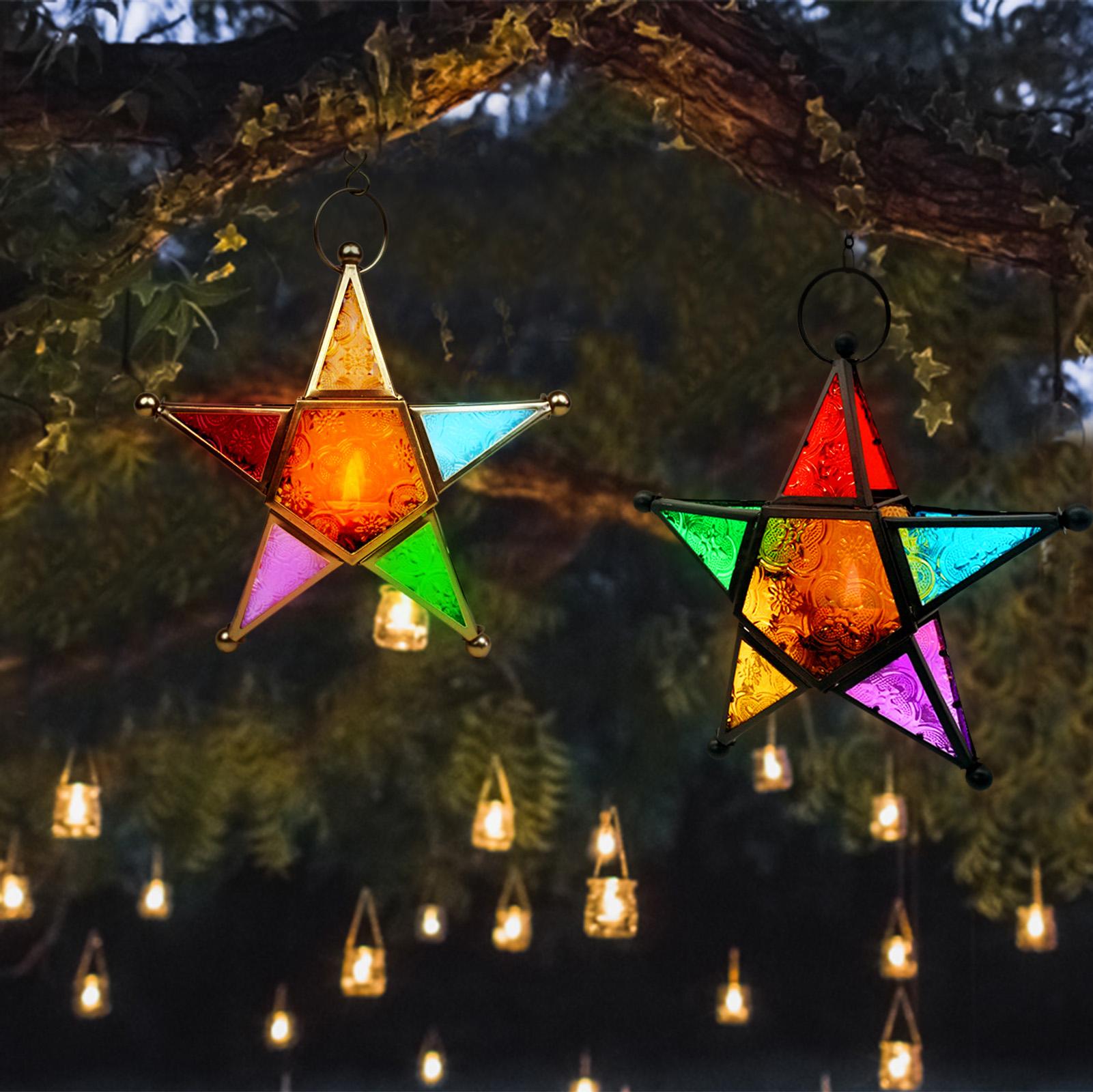 Metal Star Glass Lantern Hanging Candle Holder For Decorative