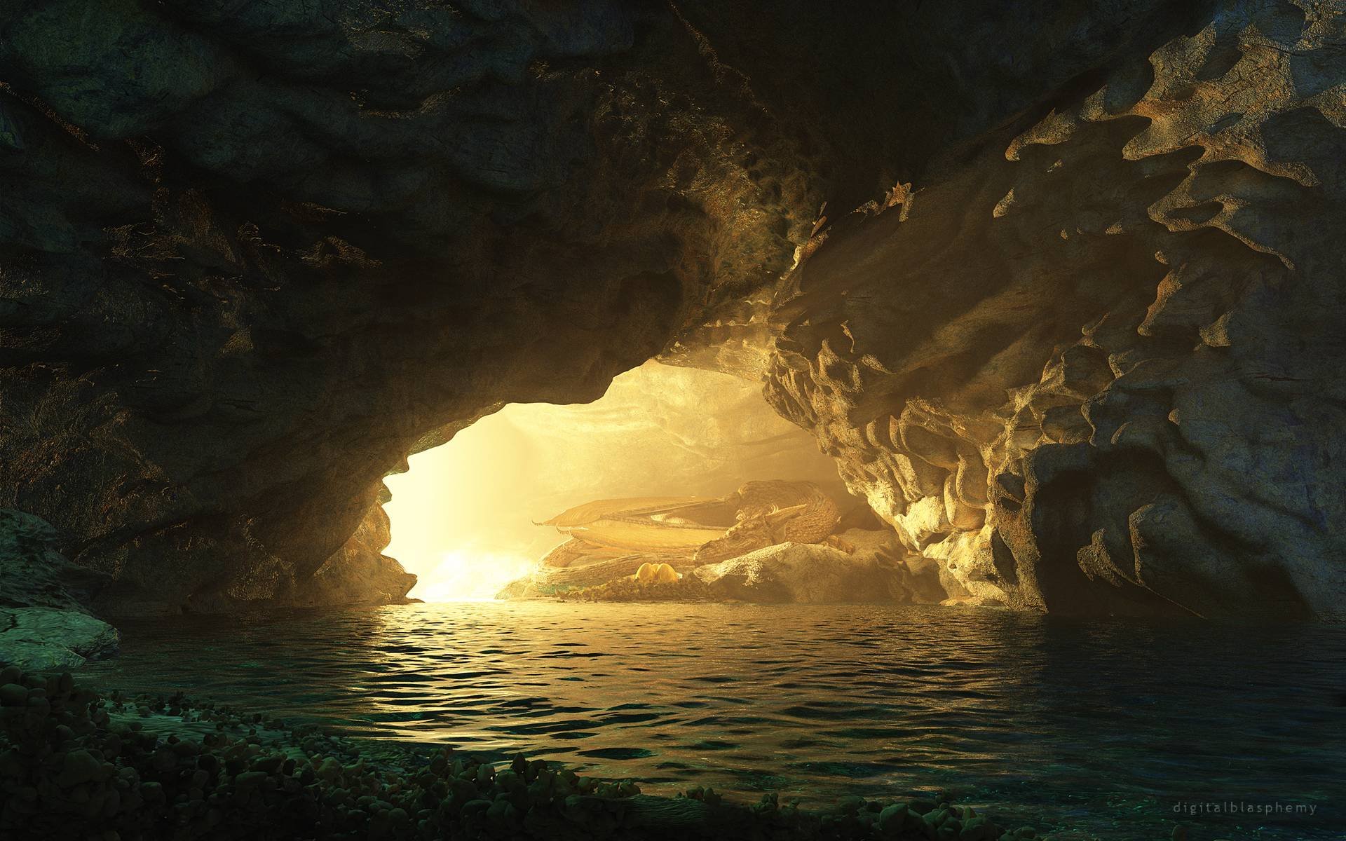 A breathtaking view from inside a sea cave, with golden sunlight streaming through the entrance and illuminating the water within