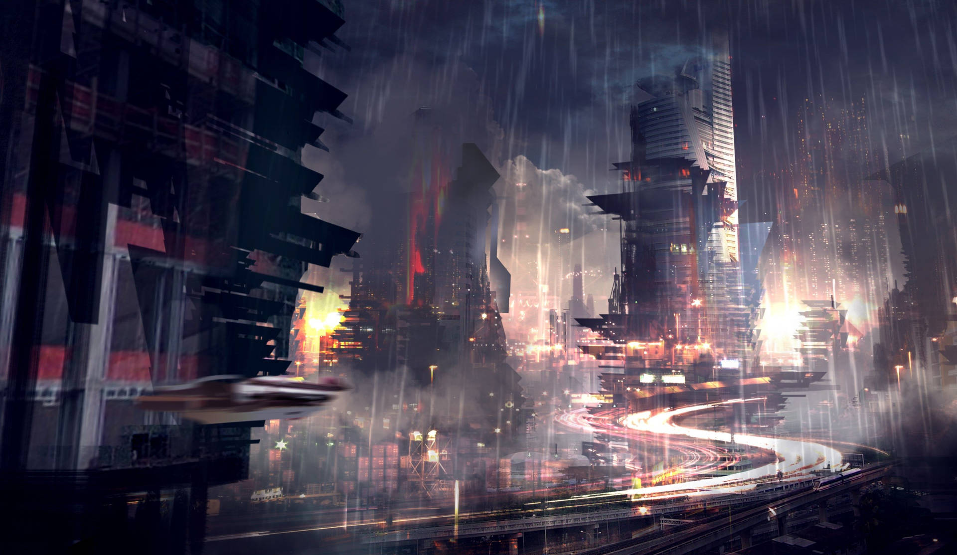 Futuristic Cyberpunk City in the Rain with Flying Car