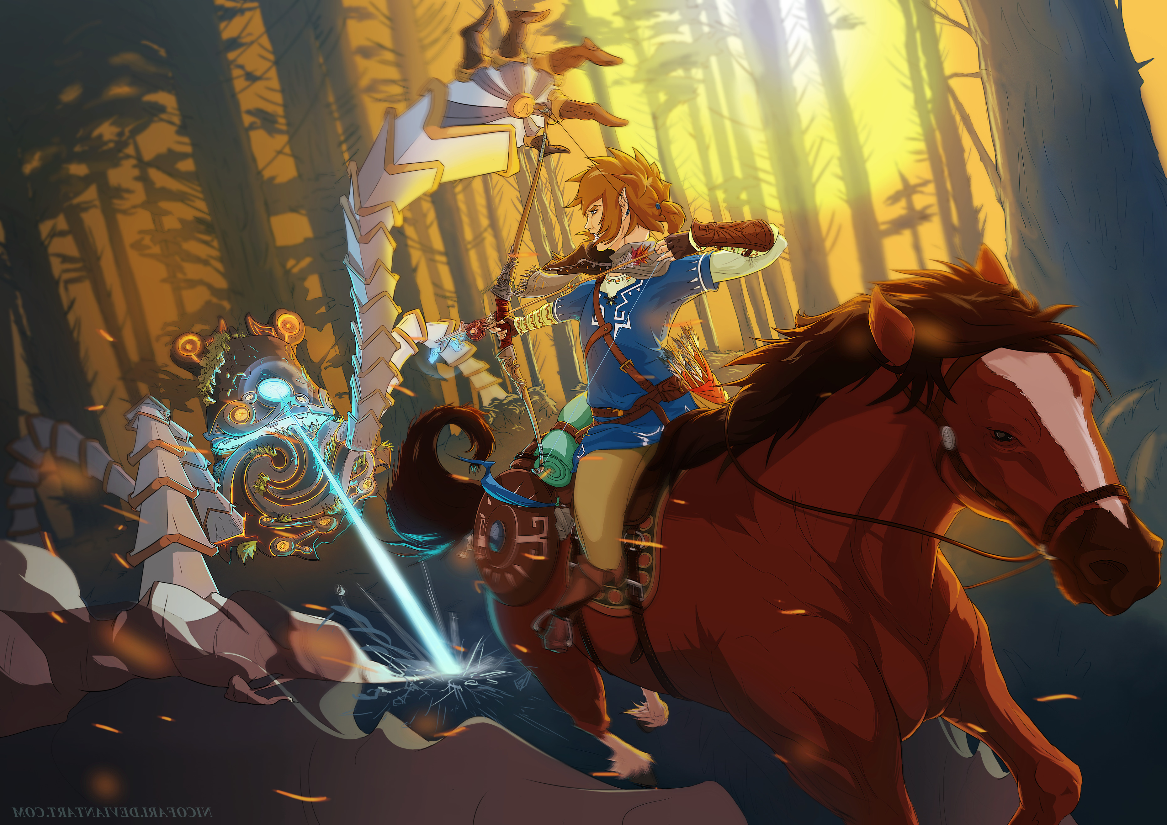 Link riding Epona and shooting an arrow at a Guardian in a forest, Legend of Zelda Breath of the Wild