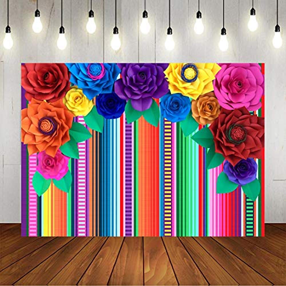 Fiesta Theme Backdrop Colorful Paper Flower And Stripe