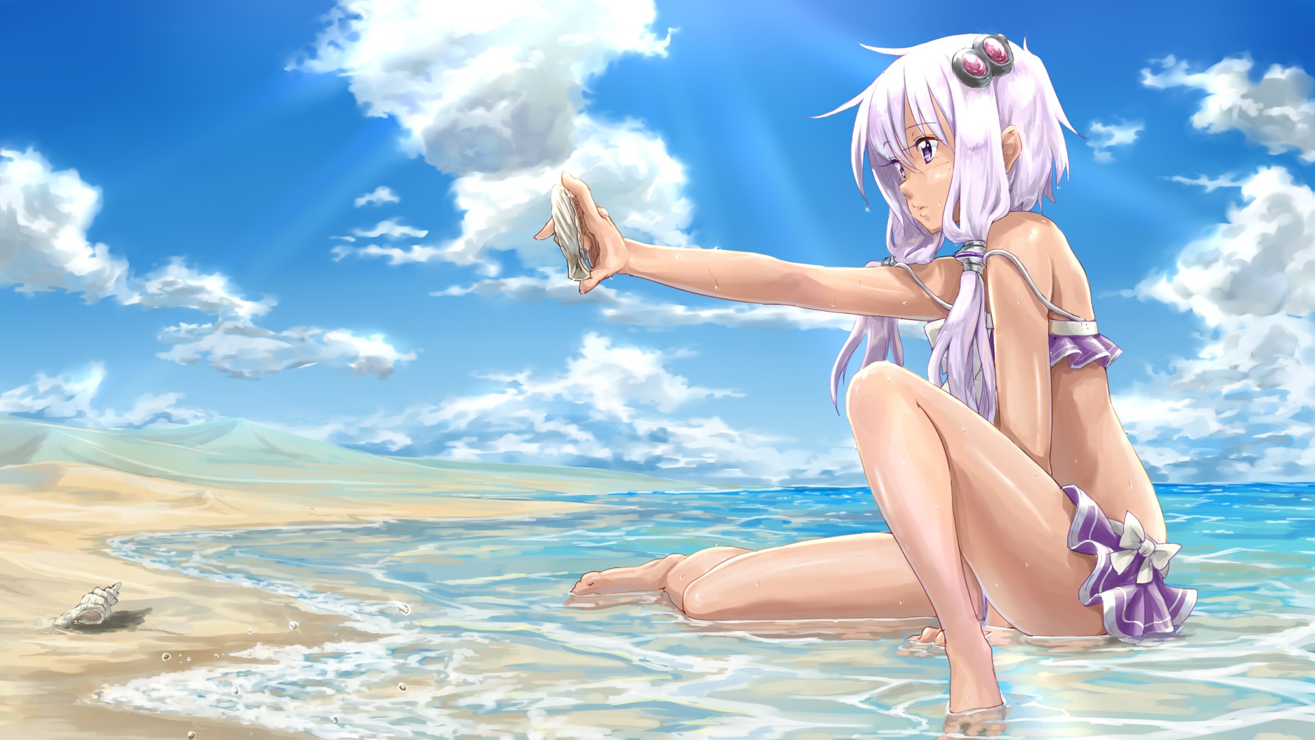 Wallpaper Sea Long Hair Anime Girls Water Legs Purple