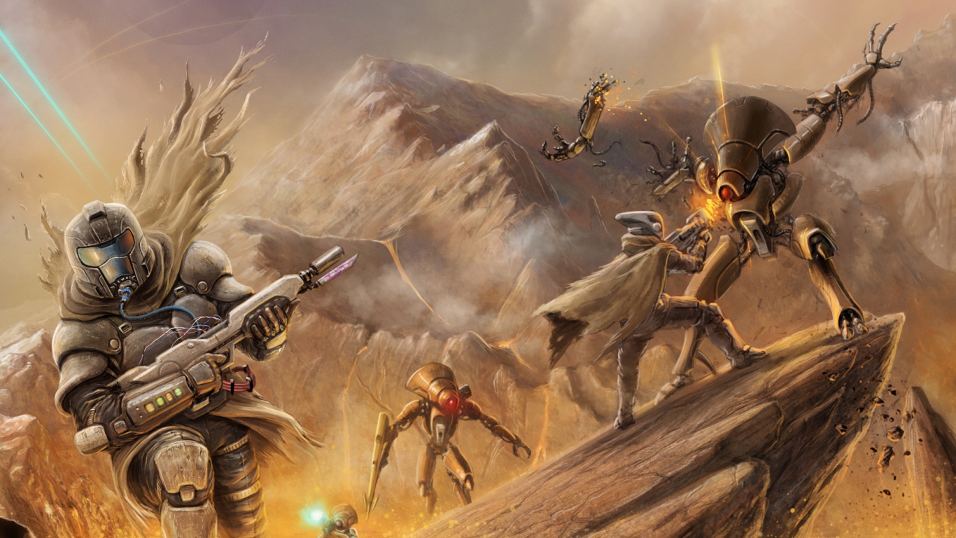 Robots Soldiers Weapons Rocks Wallpaper Background Laptop