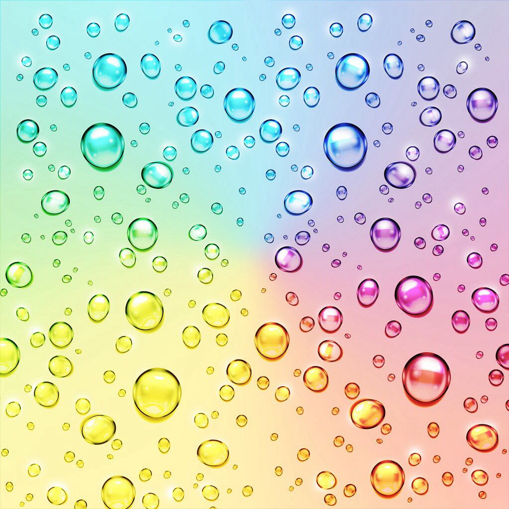Close-up of colorful water droplets on a rainbow gradient background, resembling boba pearls