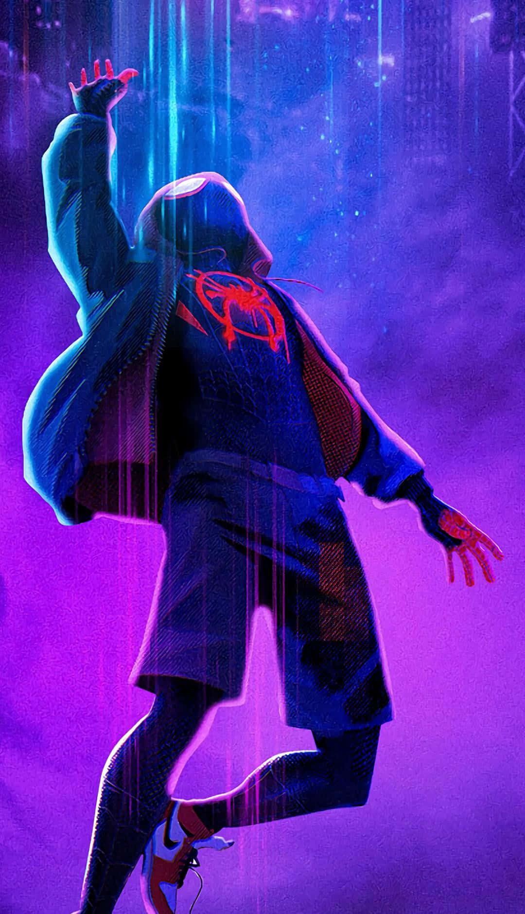 Neon Lights With Falling Spider Man Miles Morales iPhone Wallpaper