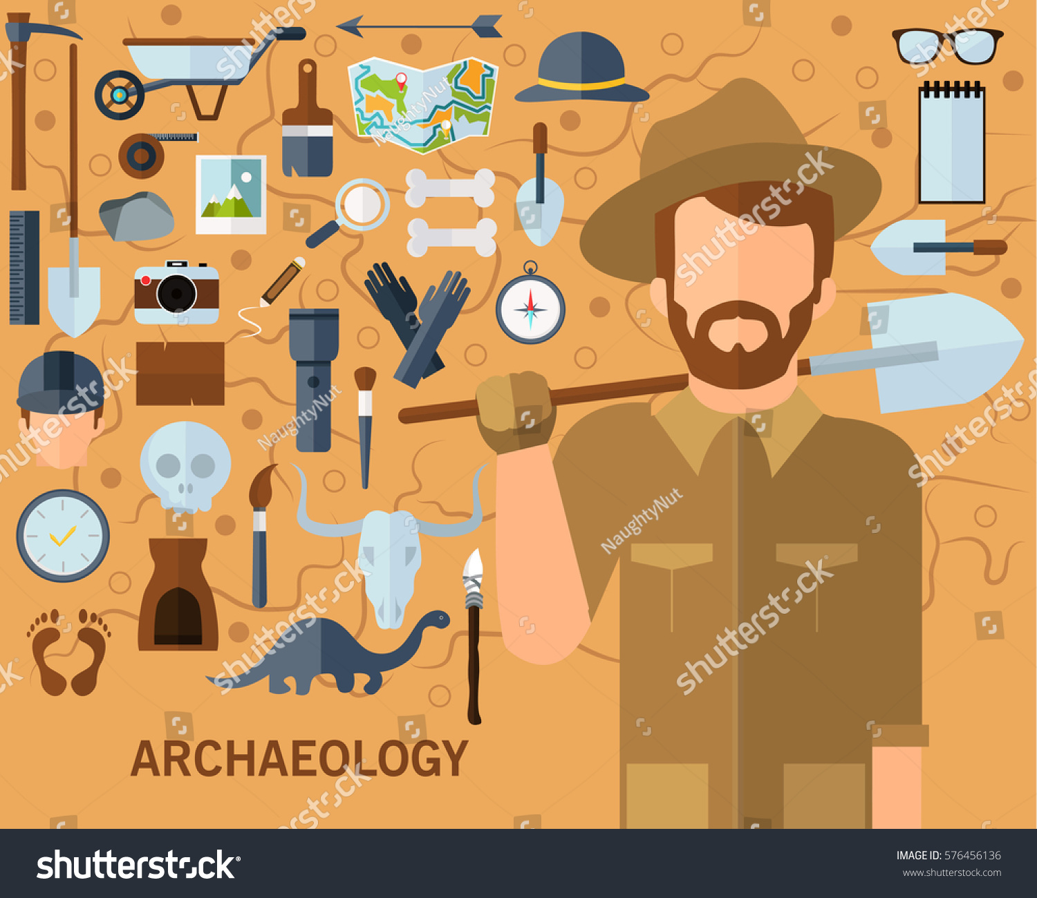 Archaeological Concept Background Flat Icons Stock Vector Royalty