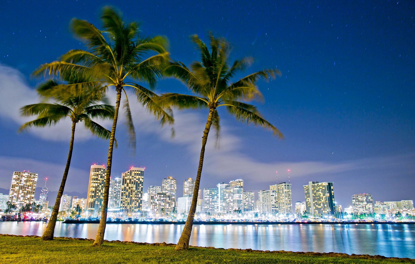 Wallpaper Night Lights Hawaii Honolulu Ala Moana Beach Park