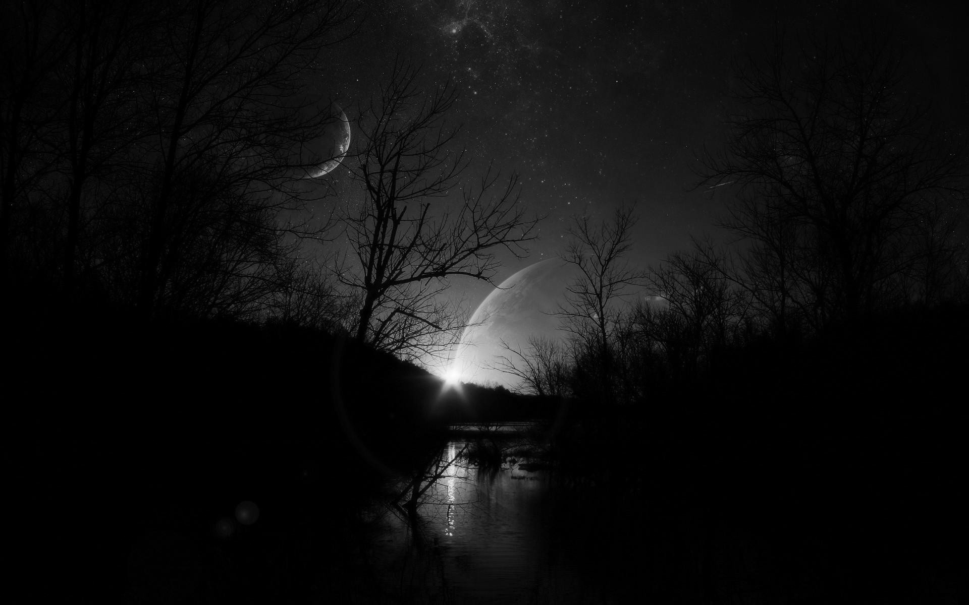 Dark and atmospheric black and white landscape with silhouetted trees, a crescent moon, a large planet, a starry night sky, and a reflective body of water