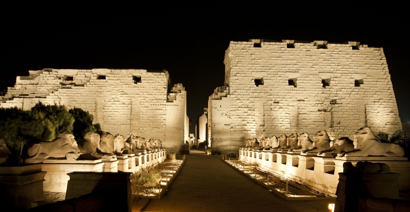 Ancient Egyptian Temple Karnak In Luxor Lit Up Night