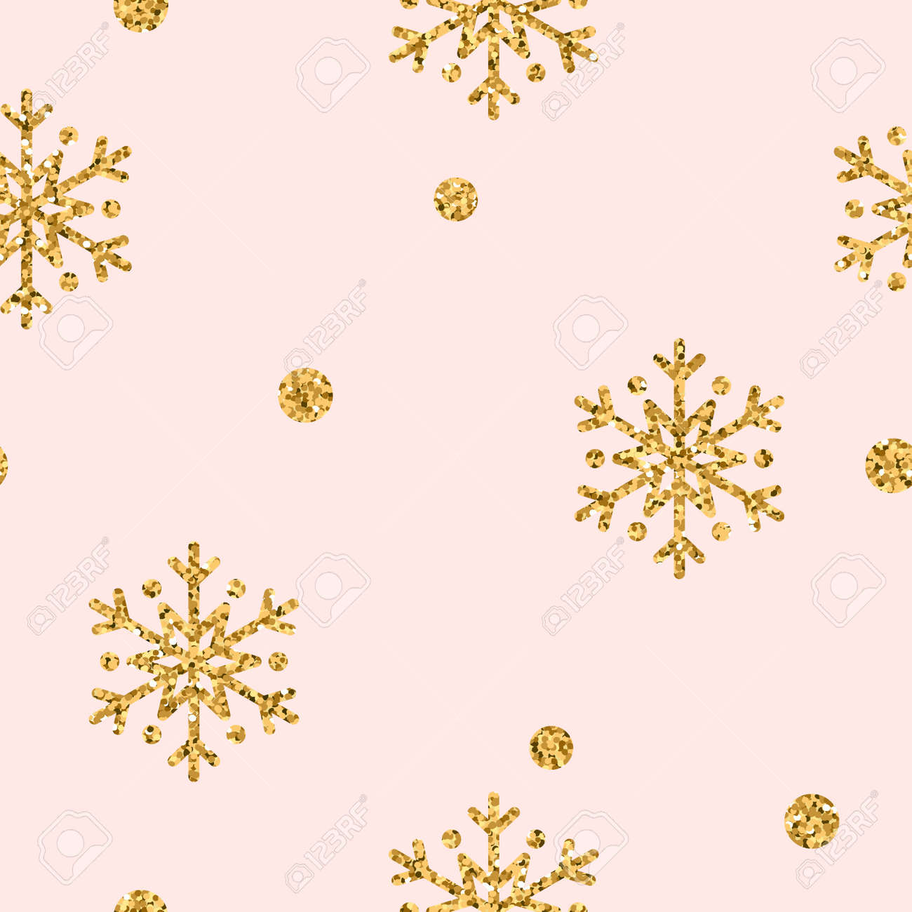 Christmas Snowflake Seamless Pattern Gold Snow On Pink Background