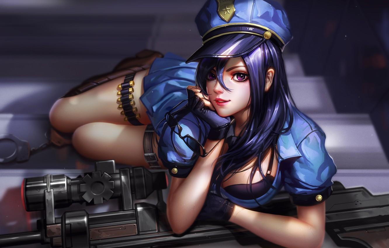 Wallpaper Gun Weapon Police Anime Purple Eyes Pretty Sniper