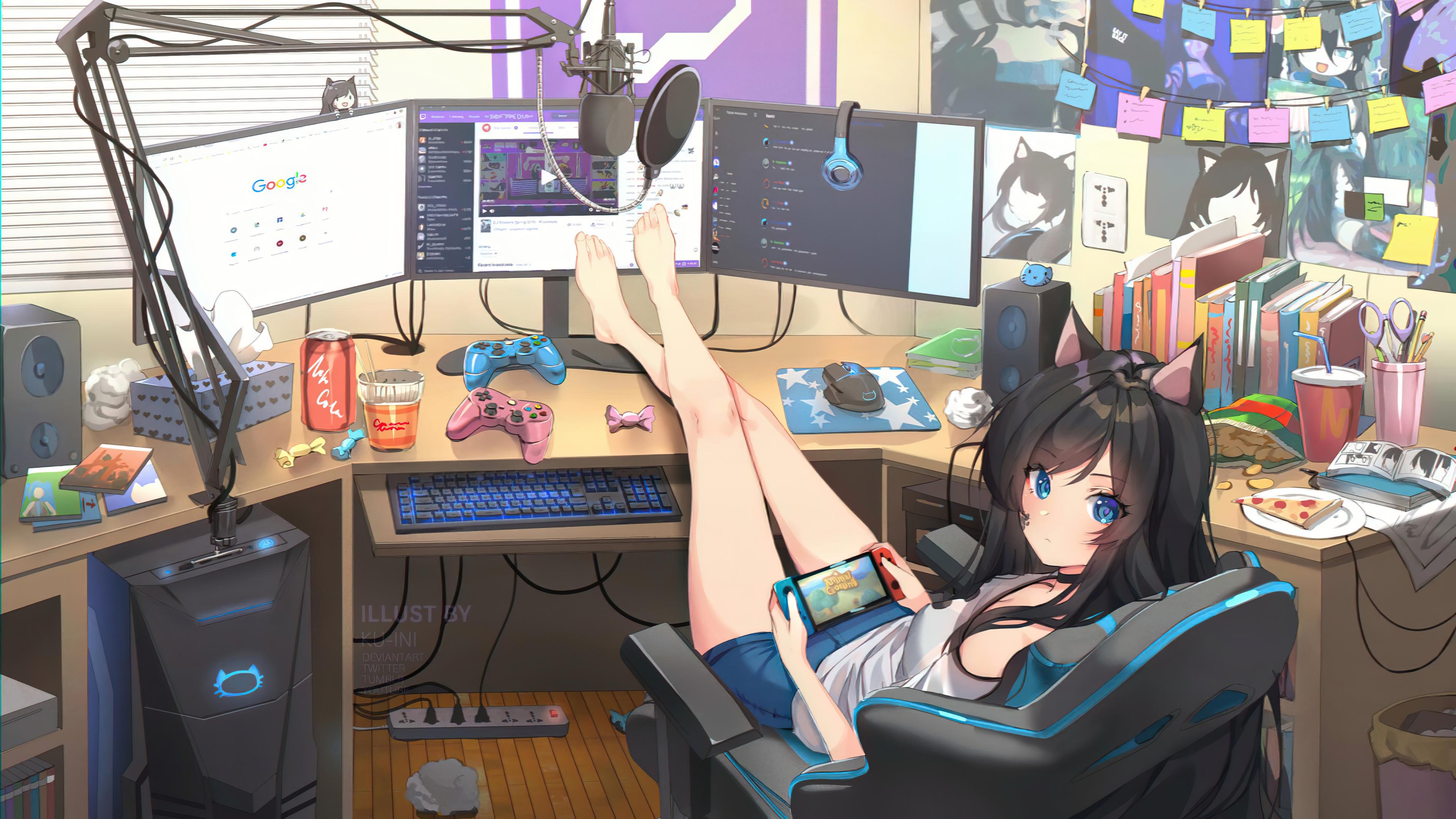 Anime Girl Gaming Desktop Setup 4k Wallpaper