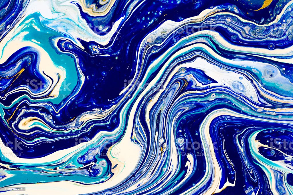 Hand Painted Background With Mixed Liquid Blue White Yellow Paints