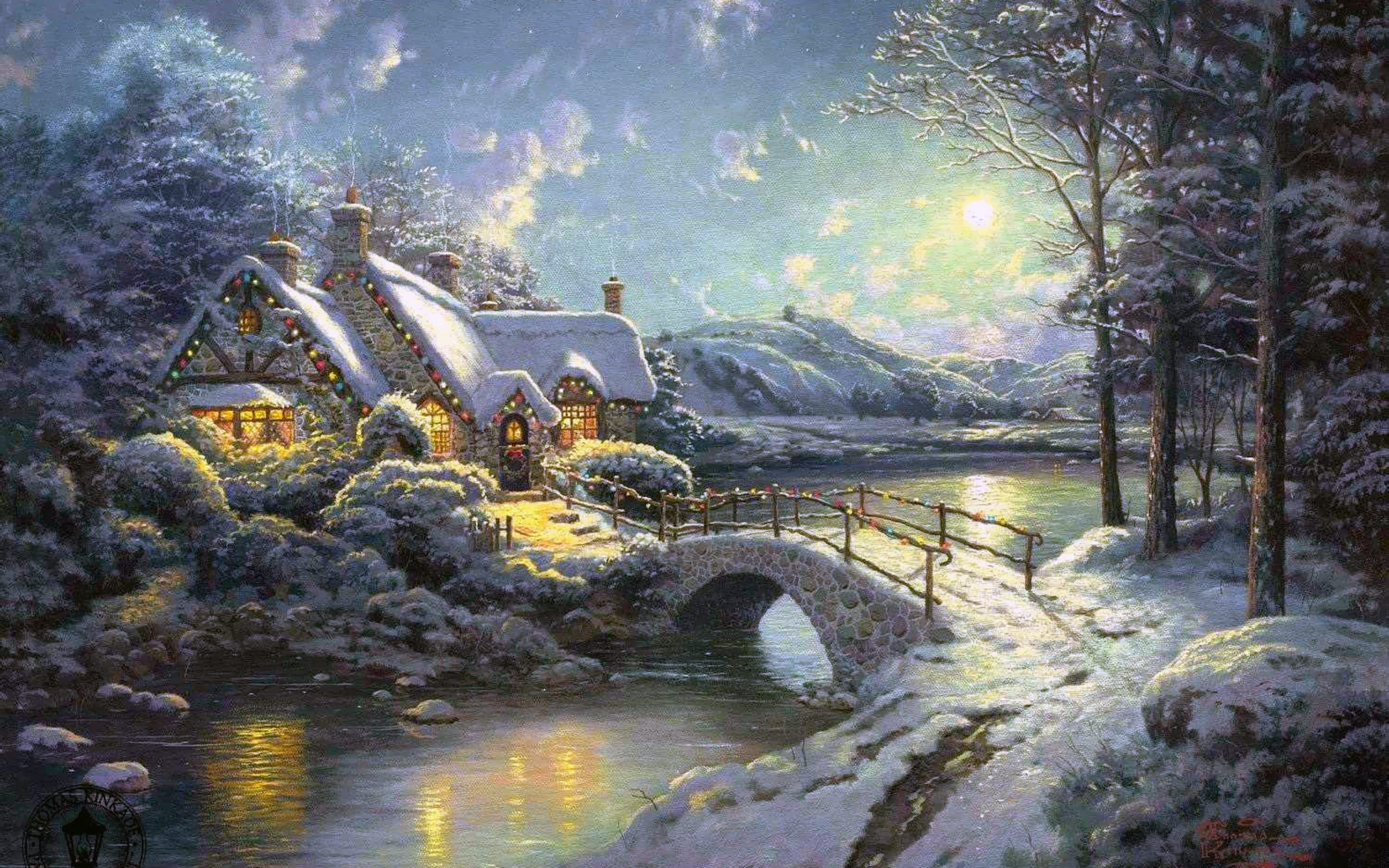 Moonlight Christmas Artwork Thomas Kinkade Cottage Wallpaper