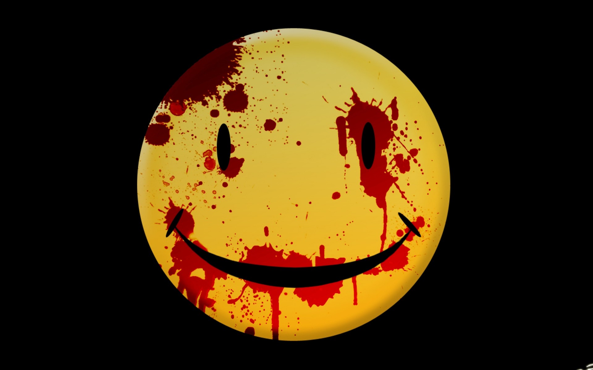 A blood-splattered smiley face on a black background, reminiscent of the iconic Watchmen comic book