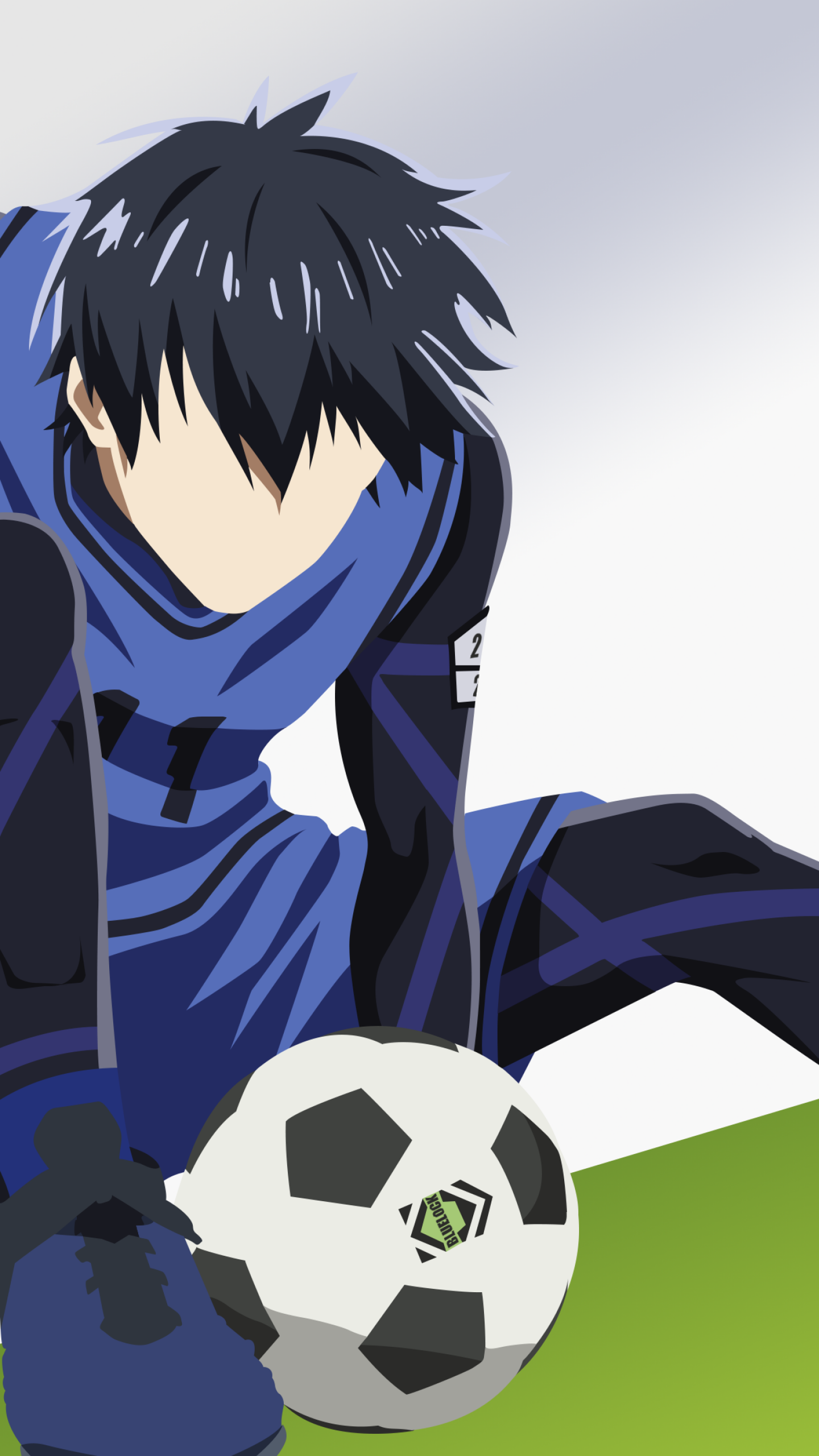 Isagi Yoichi from Blue Lock in minimalist style, about to kick a soccer ball