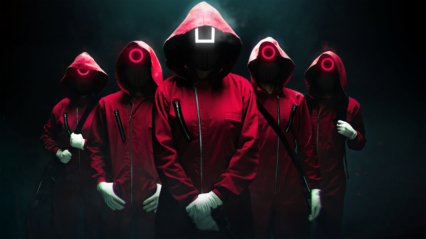 Squid Game Workers In Mask Fan Art Wallpaper Background Linux