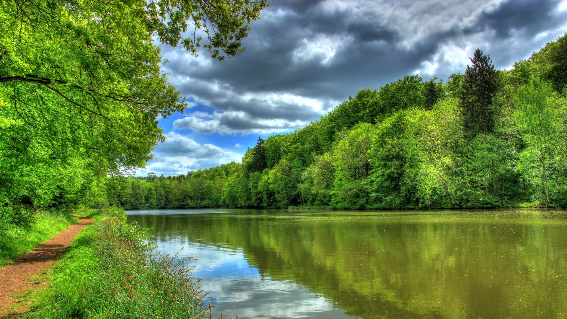 Serene Lake Landscape with Lush Green Trees and Cloudy Sky