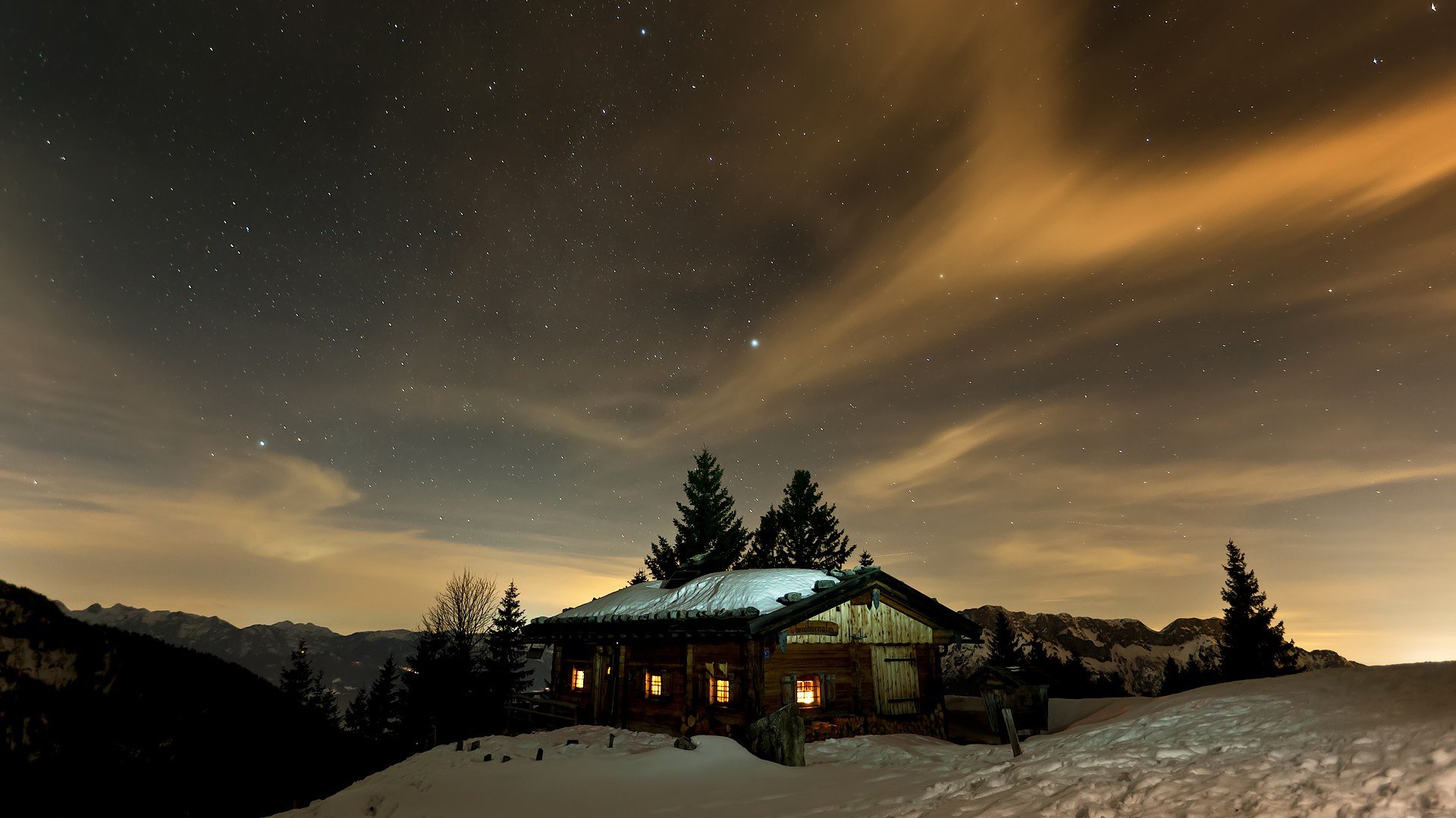 Mountains Winter Night Stars Skyscapes Cottage Sky Wallpaper