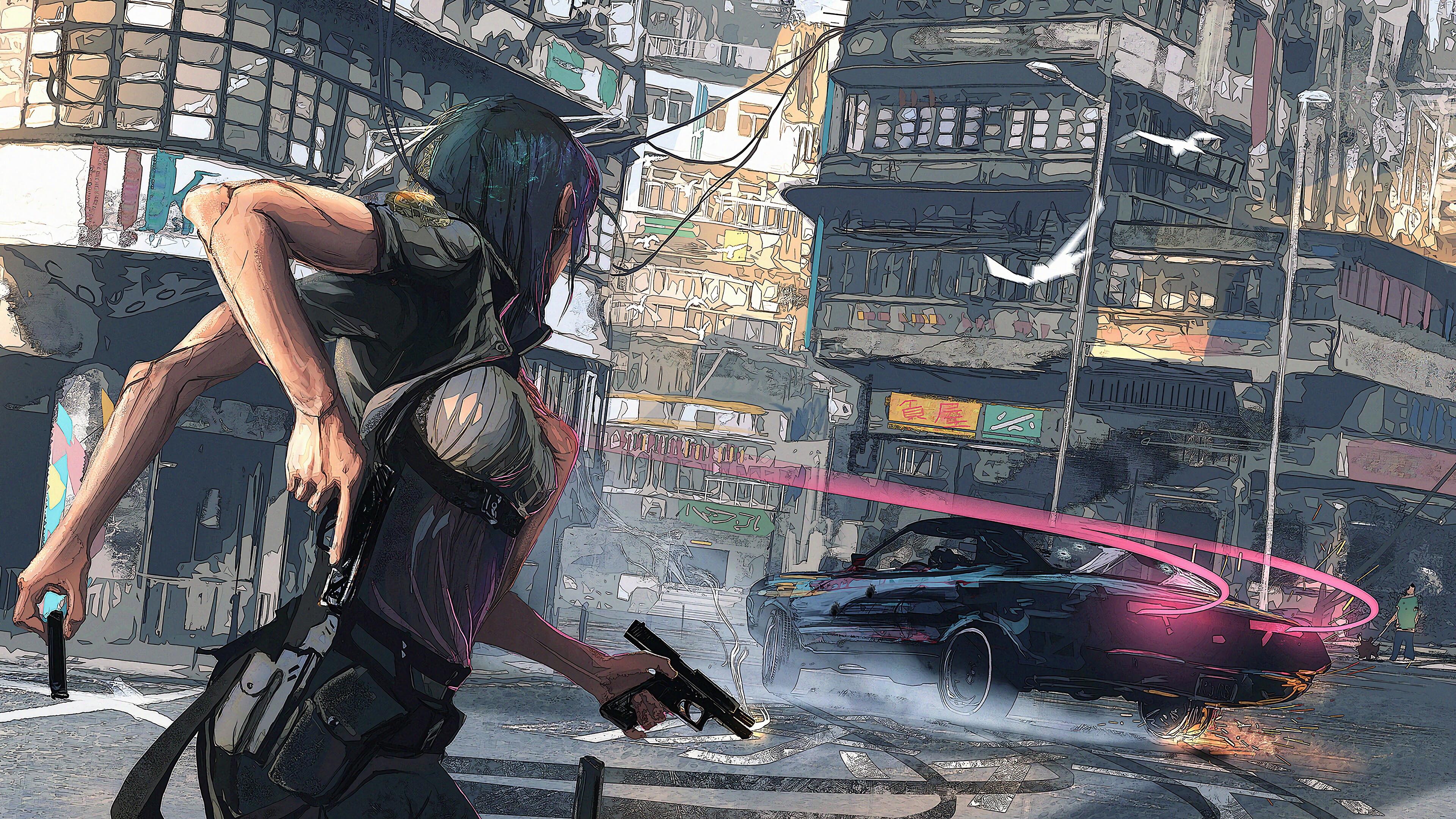 Cyberpunk Girl Guns Car Sci Fi 4K Wallpaper