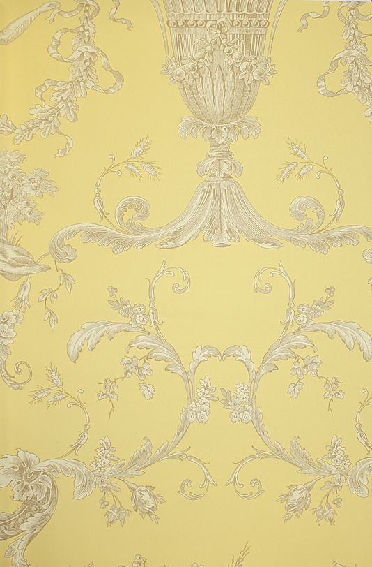 Toile Wallpaper With Urns And Cherubs In Beige On A Yellow Background
