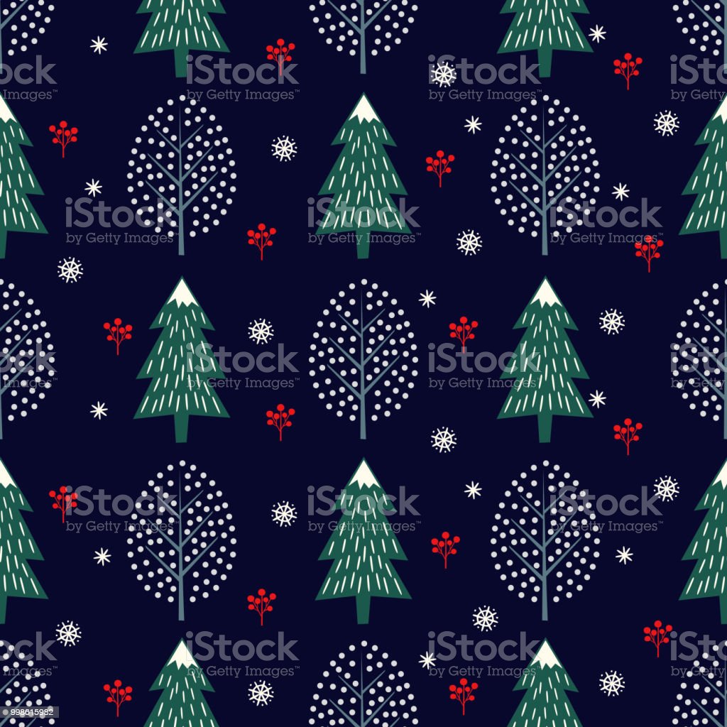 Cute Winter Trees Seamless Pattern On Dark Blue Background Stock