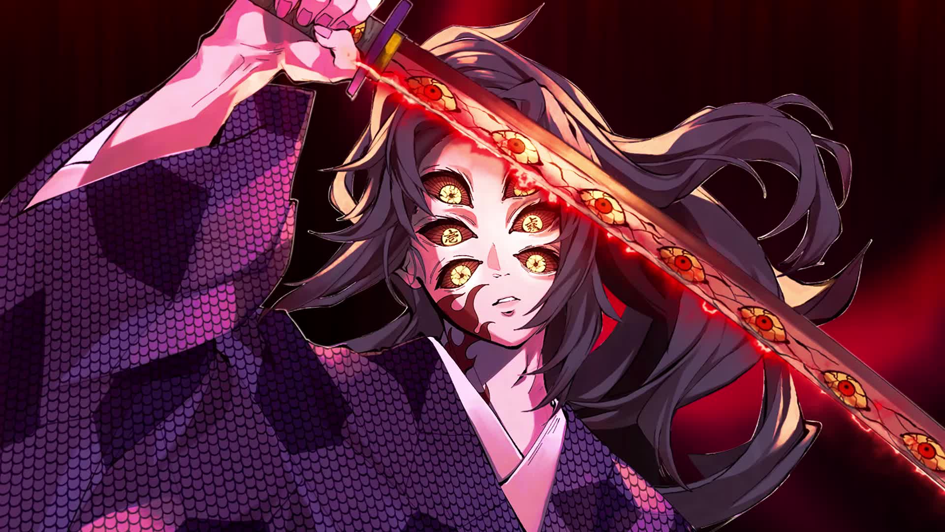 A dynamic live wallpaper featuring an anime character with multiple eyes wielding a katana with eye-like designs