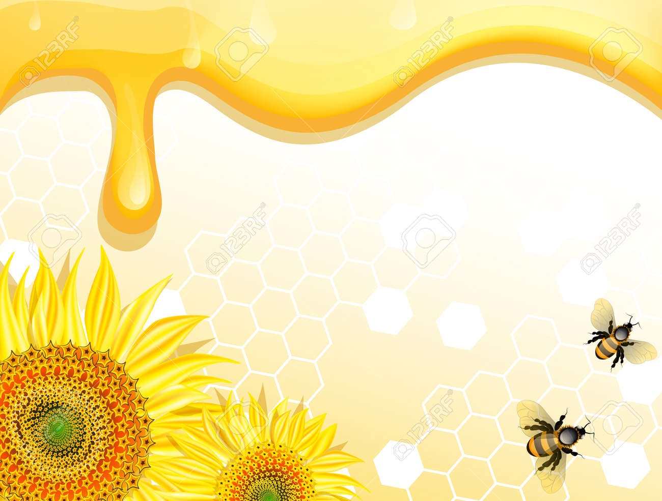 Sunflowers And Bees On Honey Background Royalty Svg Cliparts