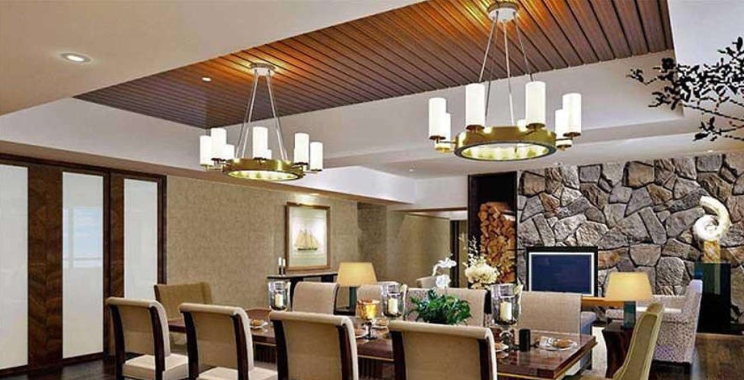 Wooden Ceiling And Stone Wallpaper, Ceiling Design For Dining Room 2018