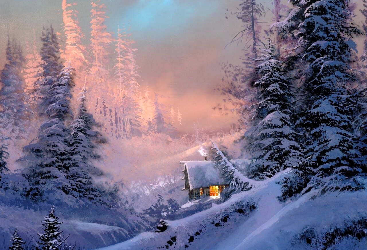 Lonely Cottage In Snowy Mountain Wallpaper