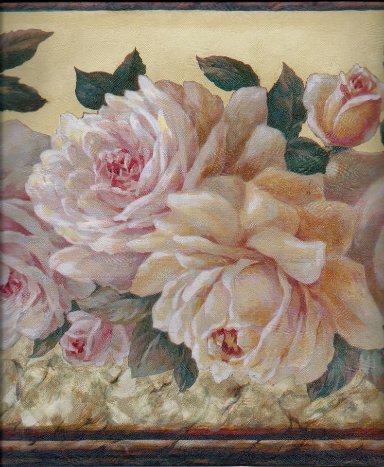 Victorian Pink And Yellow Cabbage Roses On Wallpaper Border