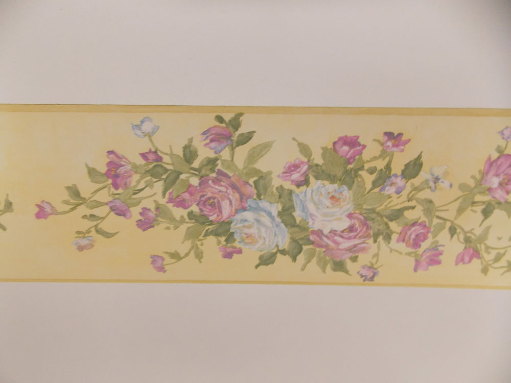 Pastel Color Blue Pink Geranium Flower Floral Garland Ivy Vine Wall paper Border