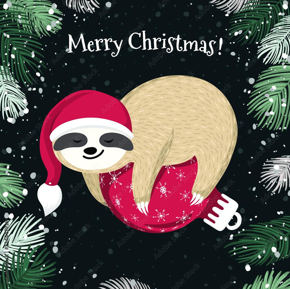 Cute baby sloth sleeping on the red Christmas ball Adorable