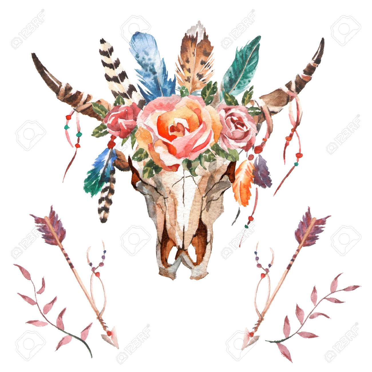Watercolor Isolated Bull S Head With Flowers And Feathers On