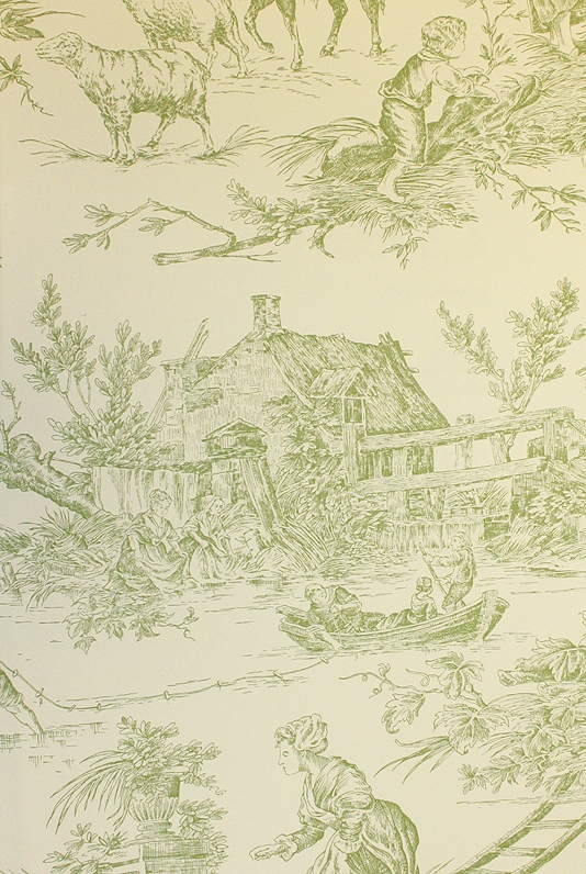 Toile De Jouy Wallpaper In Soft Green On Cream Has Matching Fabric