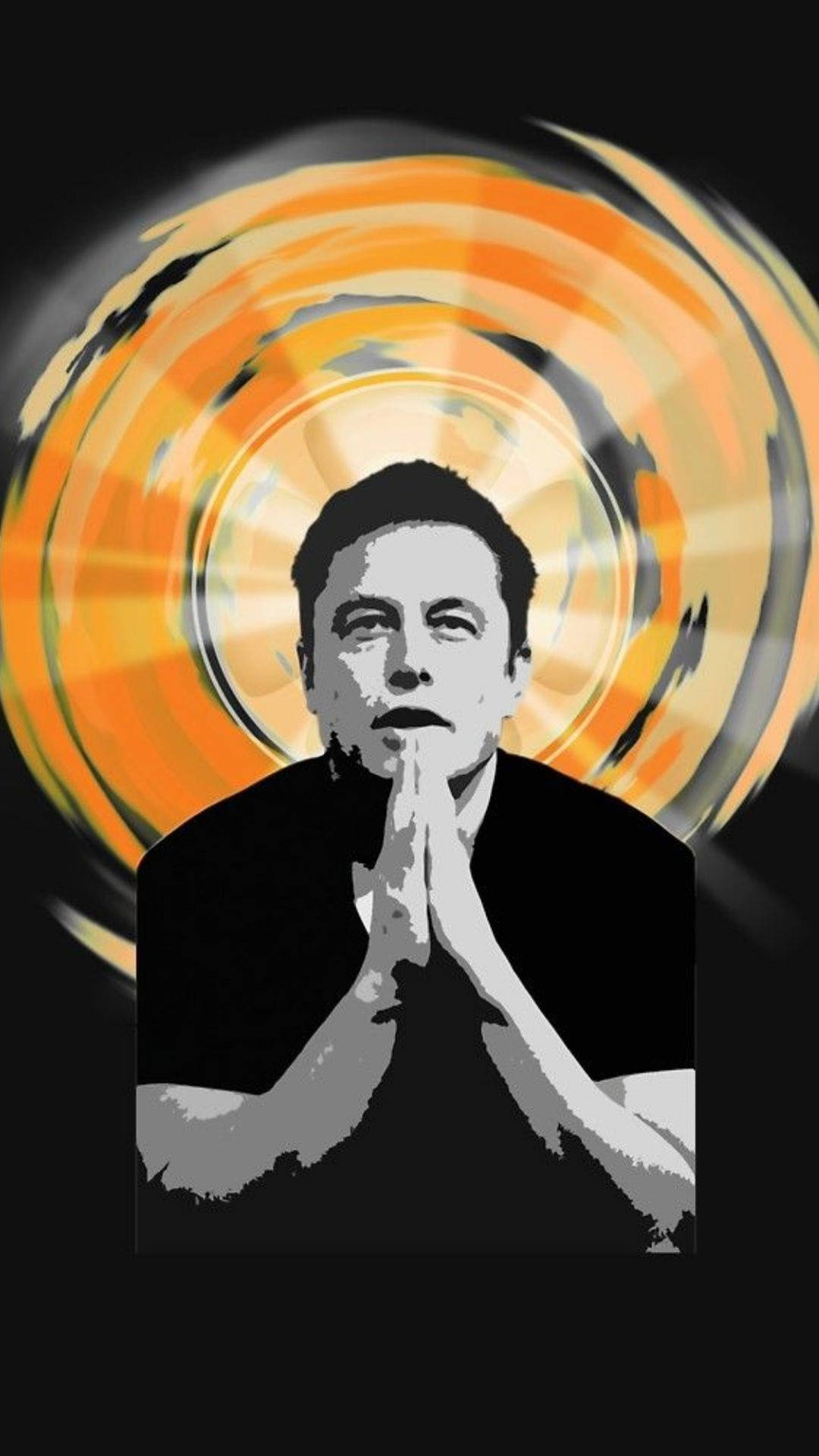 Elon Musk praying, black and white portrait with orange halo effect