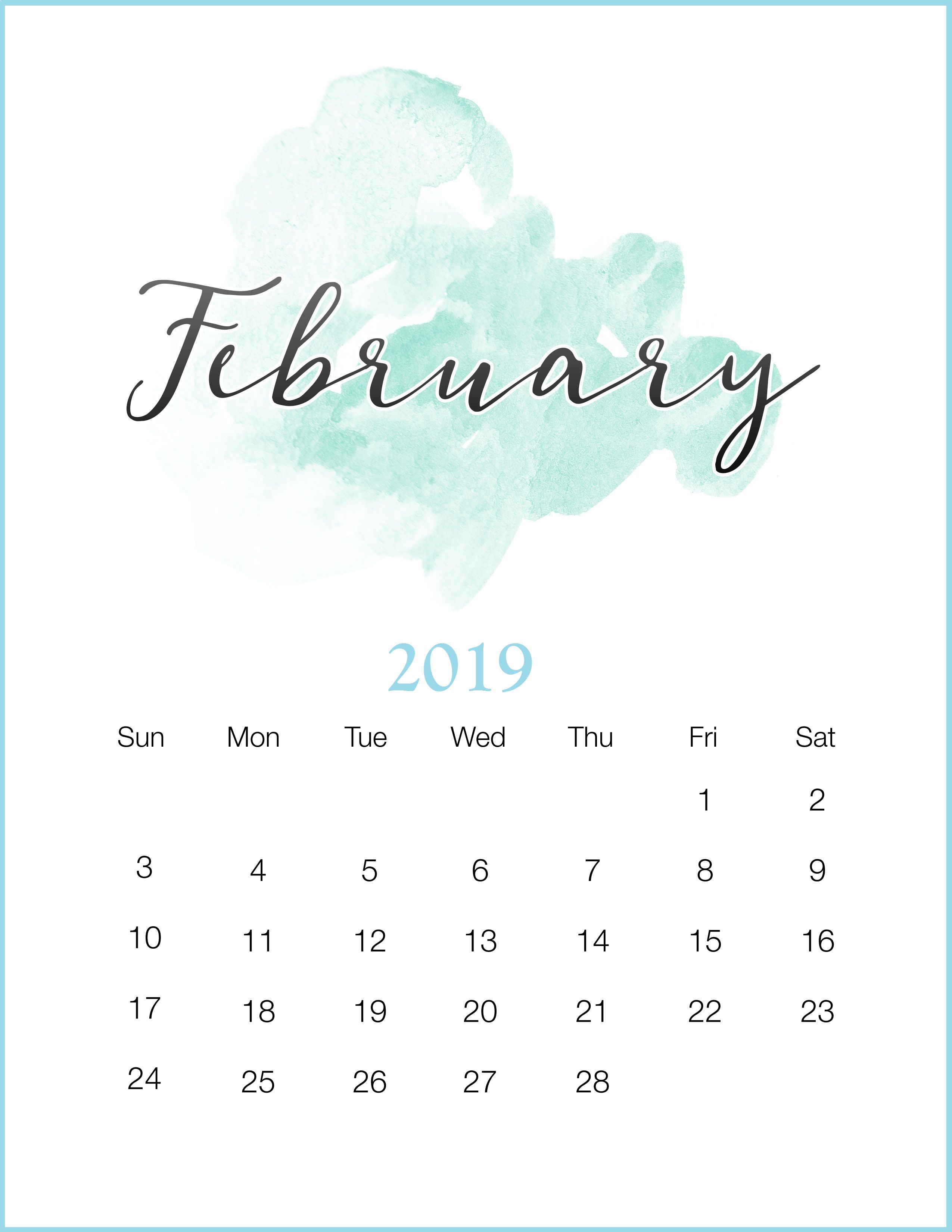 Watercolor 2019 February Printable Calendar February2019 2550x3300