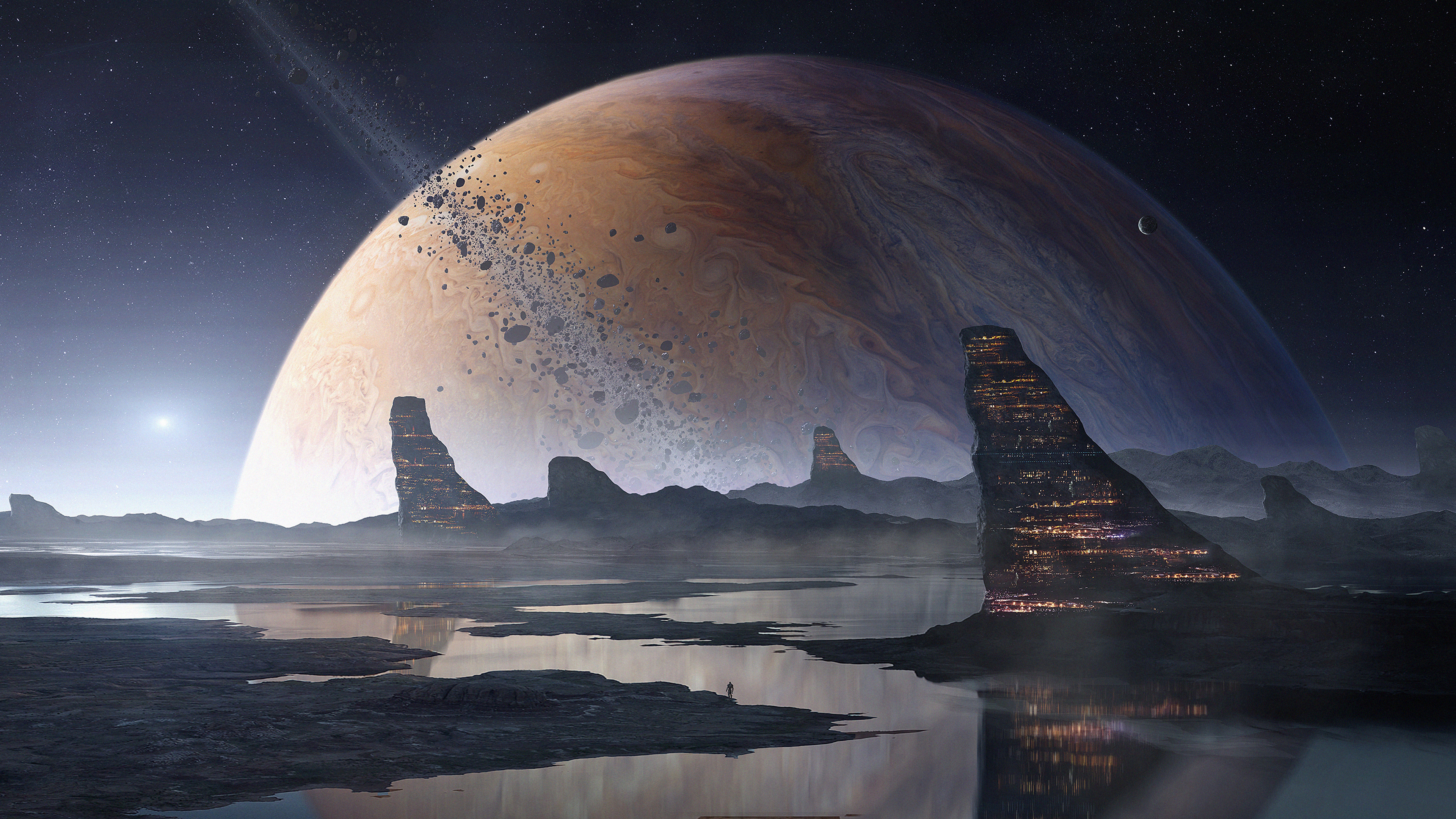 A breathtaking view of a large, swirling planet dominating the sky above a serene, watery landscape on a rocky, alien world. Futuristic, glowing structures are built into the cliffs, suggesting an advanced civilization