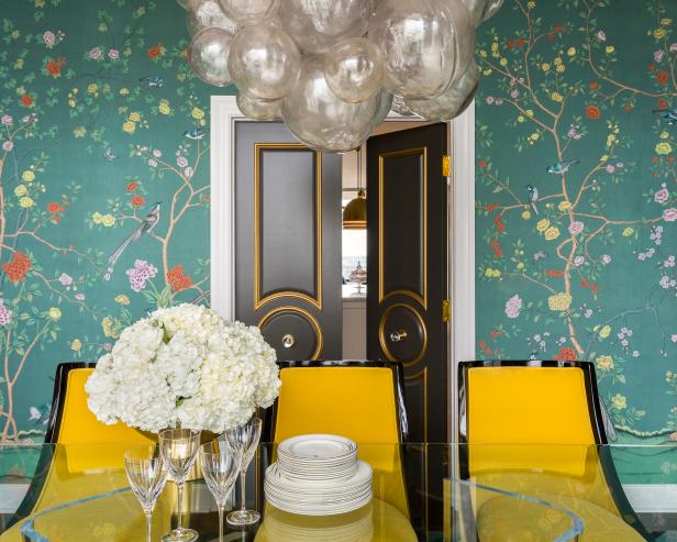Modern Dining Room With Green Floral Wallpaper HGTV 616x493