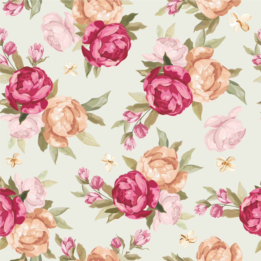 Seamless Colour Peony Pattern On Green Background Wall Mural Wallpaper